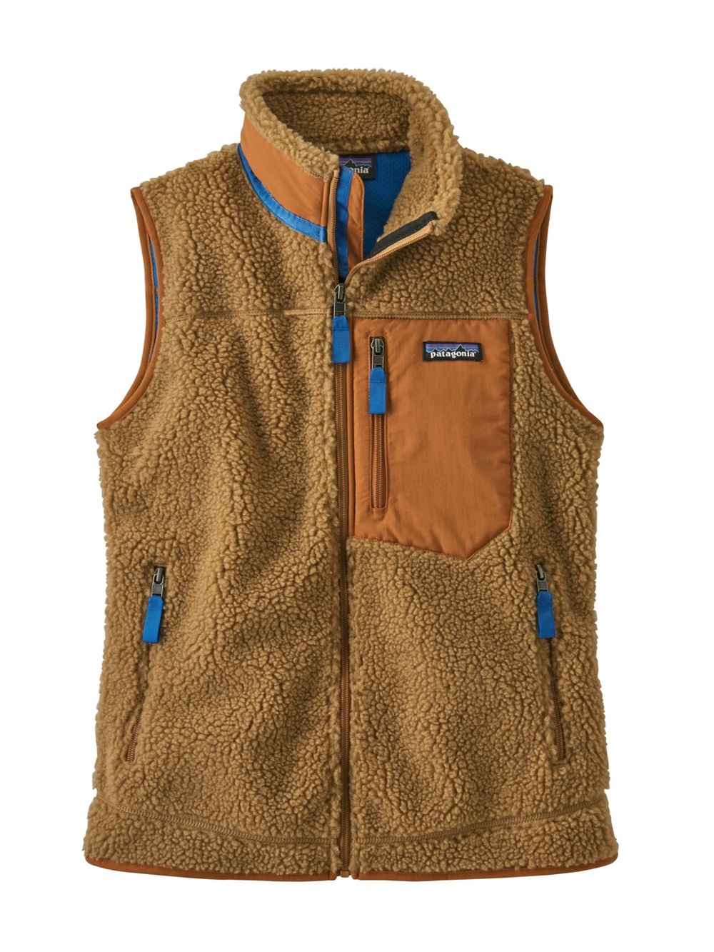 Patagonia Brown Sherpa Fleece Vest with Blue Accents
